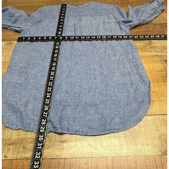 Chicos Top Womens 2 Large 12 Blue Chambray‎ 100% Linen 3/4 Sleeve Pockets Blouse - Picture 2 of 10